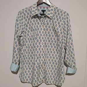 Talbots Cream and Blue Patterned Button Down Shirt